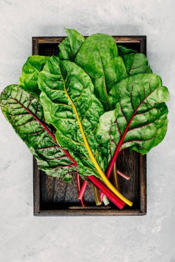 Taze çiğ swiss gökkuşağı pazı gri taş zemin üzerine bırakır. Üstten görünüm