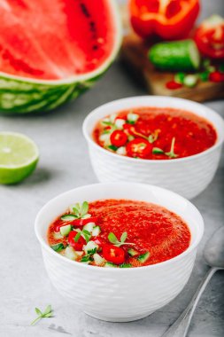 Karpuz ve domates Gazpacho beyaz kase. Geleneksel İspanyol soğuk çorba.
