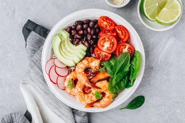 Healthy Seafood Lunch Spicy Shrimp Burrito Buddha Bowl Wild Rice — Stock Photo, Image