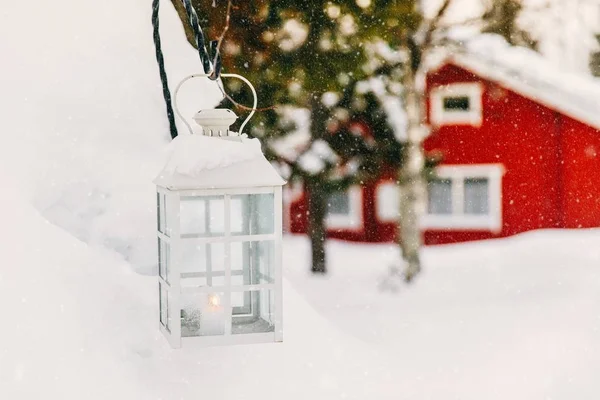 Christmas Candle Lantern Red Wooden Cottage Rural Snowy Finland Winter — Stock Photo, Image