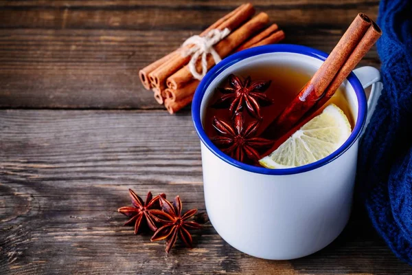 Autumn Hot Tea Spices Cinnamon Anise Mug Dark Wooden Background — Stock Photo, Image