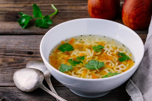 Homemade Chicken Alphabet Soup Carrots Parsley Bowl Wooden Background — Stock Photo, Image