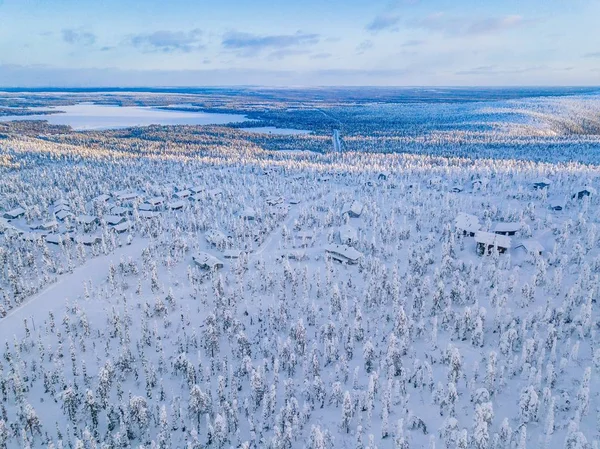 Vista Aérea Floresta Inverno Com Árvores Geladas Estrada Rural Aldeia — Fotografia de Stock