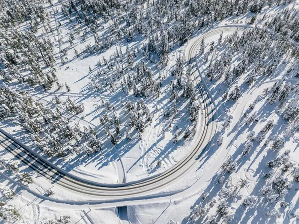 Karlı Donmuş Kış Yolun Üst Havadan Görünümü Ağaçlar Kış Manzarası — Stok fotoğraf