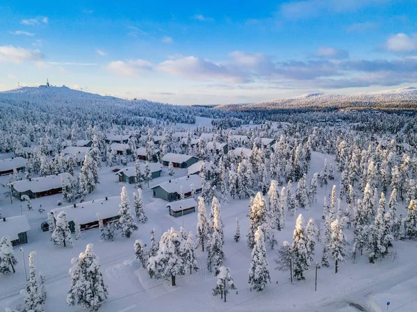 Aerial View Snow Covered Winter Forest Road Beautiful Rural Landscape — Stock Photo, Image