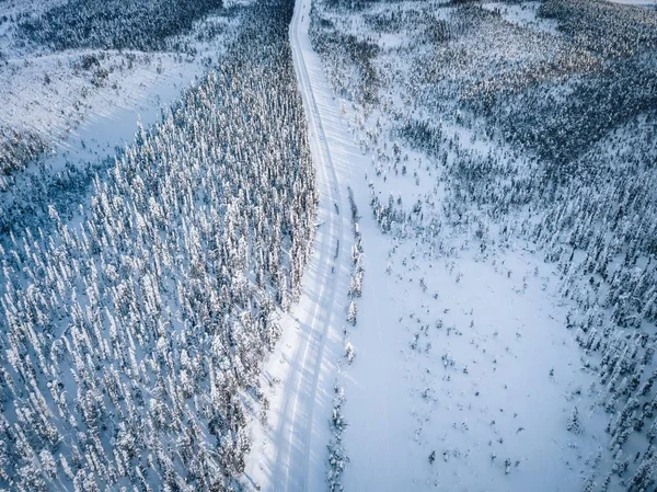 Flygfoto Över Snö Täckte Vintern Skogen Och Vägen Vackra Lantliga — Stockfoto
