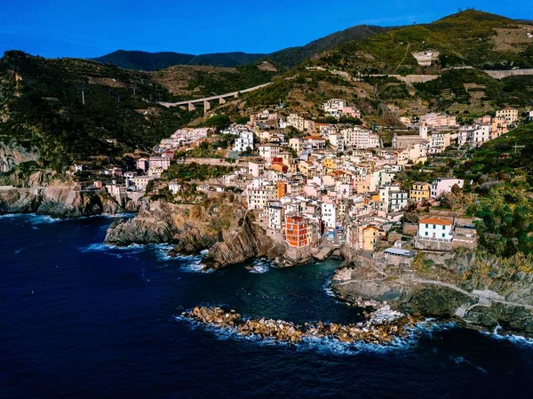 Luchtfoto Van Cinque Terre Riomaggiore Italië Mooi Landschap Met Blauwe — Stockfoto