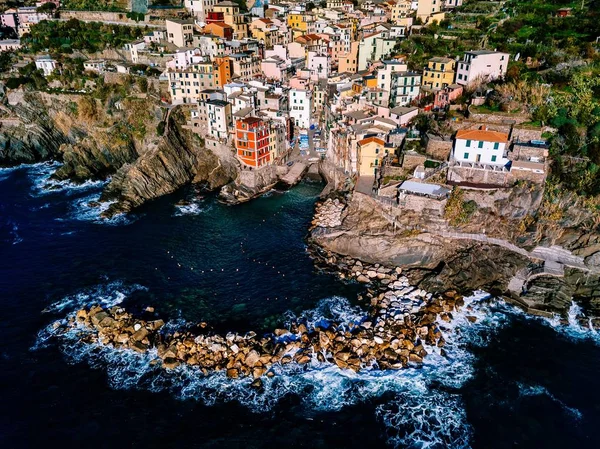 Vista Aérea Cinque Terre Riomaggiore Itália Bela Paisagem Com Mar — Fotografia de Stock