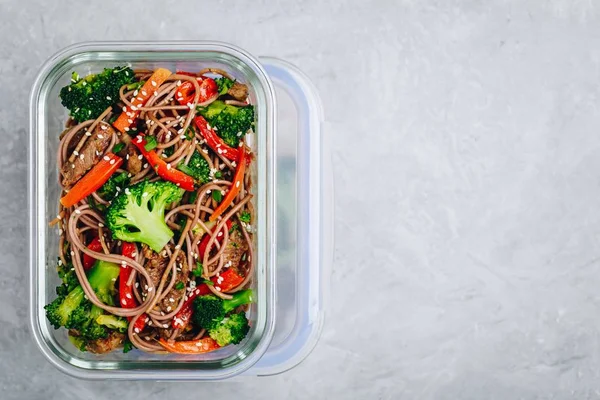 Beef broccoli noodles stir fry meal prep lunch box container