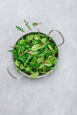 Taze yaprakları Arugula, marul, ıspanak, pancar ile karıştırın. Gri taş arka planda salata için malzemeler. 