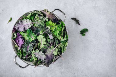 Yeşil bebek lahana gri taş arka planda beyaz kevgir yaprakları. Sağlıklı Smoothie, salata veya pesto sos için madde