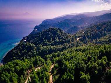 Hava görünümü Yunanistan 'da yeşil dağ ormanı ve denizi ele geçiriyor 
