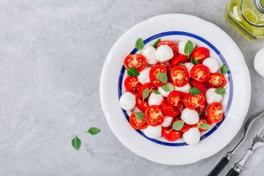Domates, mozzarella ve fesleğen ile Caprese İtalyan salatası. Üstte görüntü