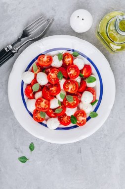 Domates, mozzarella ve fesleğen ile Caprese İtalyan salatası. Üstte görüntü