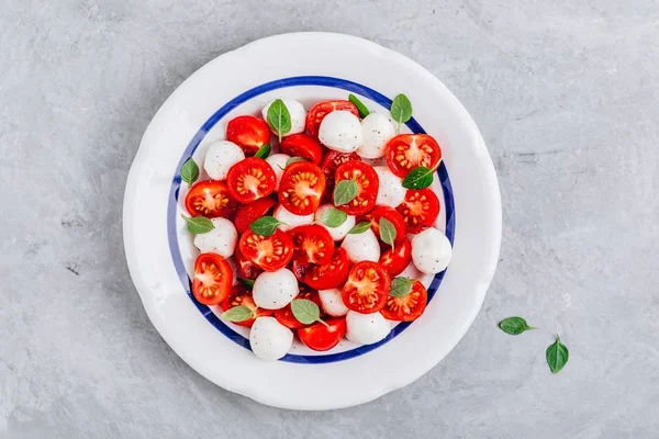 Domates, mozzarella ve fesleğen ile Caprese İtalyan salatası. Üstte görüntü