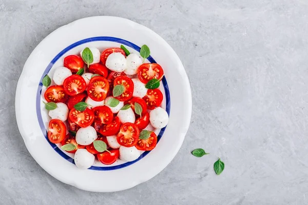 Domates, mozzarella ve fesleğen ile Caprese İtalyan salatası. Üstte görüntü