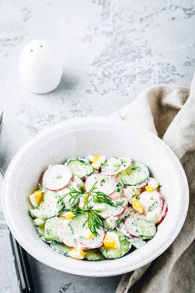 キュウリ、大根、卵とクリームフレッシュドレッシングの新鮮な夏のサラダ — ストック写真