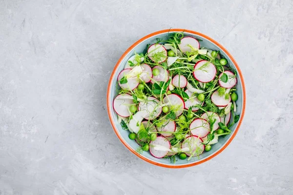 Verse zomer venkelsalade met erwten scheuten en radijsjes — Stockfoto