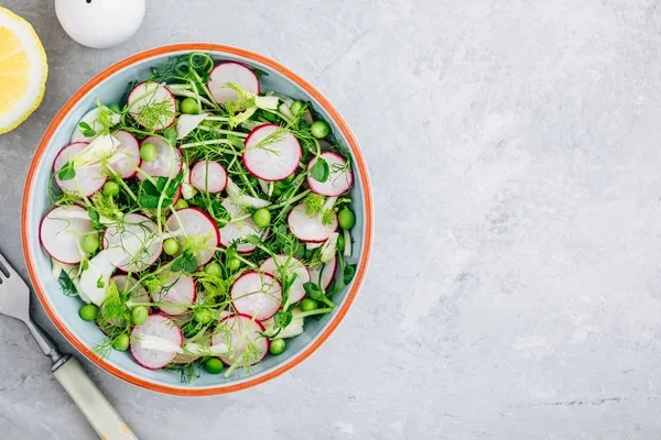 Verse zomer venkelsalade met erwten scheuten en radijsjes — Stockfoto