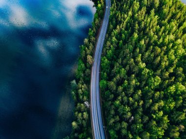 Finlandiya'da yeşil orman ve mavi göl arasındaki yolun havadan görünümü