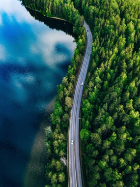 Finlandiya'da yeşil orman ve mavi göl arasındaki yolun havadan görünümü