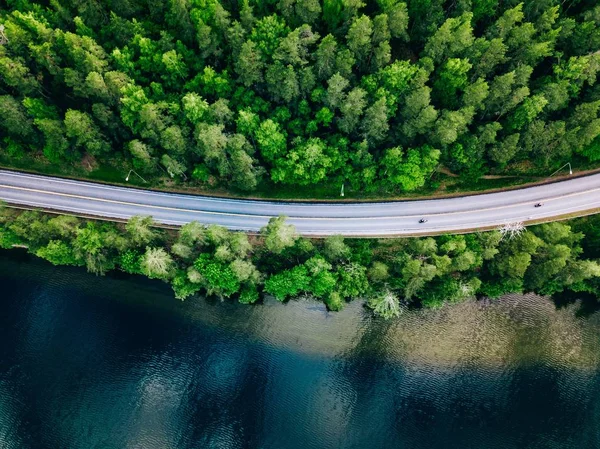 Finlandiya'da yeşil orman ve mavi göl arasındaki yolun havadan görünümü