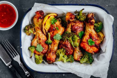 Brokoli, kişniş, susam ve tatlı biber soslu fırında tavuk baget 