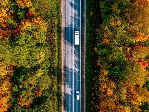 フィンランドの田舎の美しい秋の森の道路の航空写真. — ストック写真