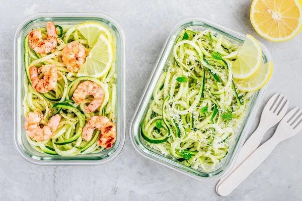 Meal prep lunch box containers Spiralized zucchini noodles pasta with shrimps and cheese