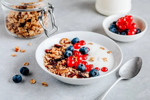 健康早餐碗，包括燕麦片、蓝莓、红醋栗和酸奶. — 图库照片