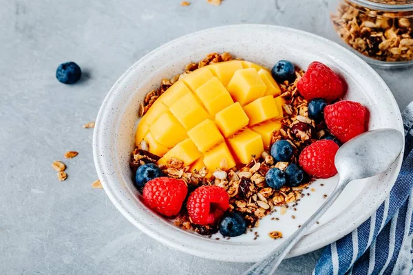 健康早餐碗自制燕麦片，新鲜蓝莓、覆盆子和芒果 — 图库照片