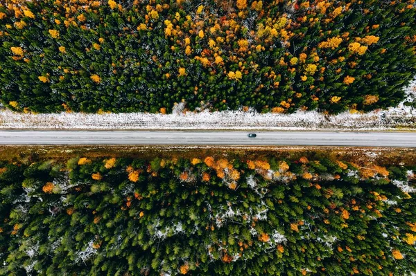 Légi kilátás az első hó őszi színes erdő és egy út autóval Finnországban. — Stock Fotó
