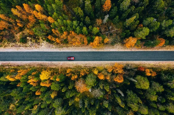 A vidéki út légi rálátása a sárga és narancssárga őszi erdőkre Finnországban. — Stock Fotó