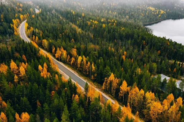 Vista aérea del bosque color otoño en las montañas y una carretera con coche en Finlandia Laponia . —  Fotos de Stock