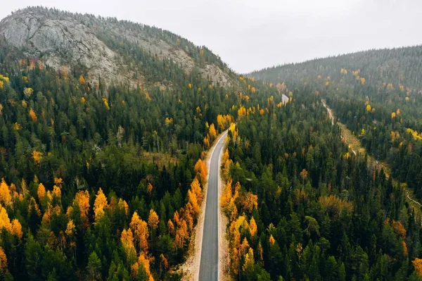 Vista aérea del bosque color otoño en las montañas y una carretera con coche en Finlandia Laponia . —  Fotos de Stock