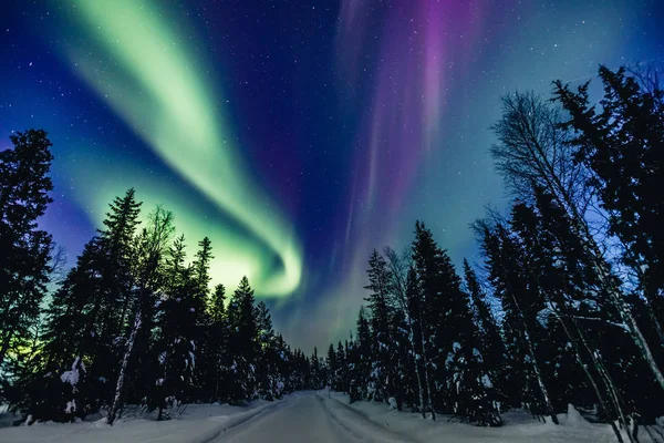 Színes sarkvidéki északi fények Aurora Borealis tevékenység hó téli erdőben Finnországban — Stock Fotó
