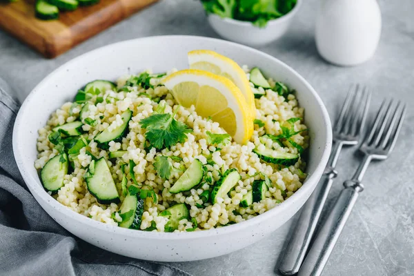 Lemony Couscous Salad Bowl Gray Stone Background — Foto de Stock