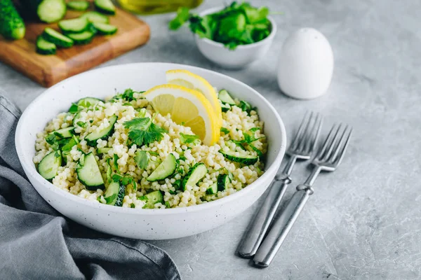 Lemony Couscous Salad Bowl Gray Stone Background — Foto de Stock