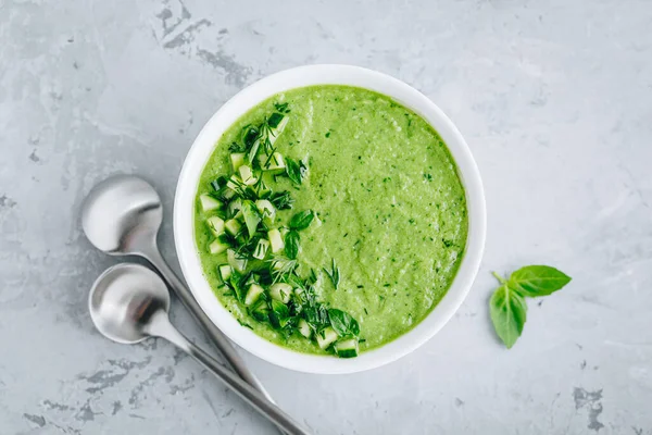 Cucumber Gazpacho. Green fresh cold summer soup. Top view — Stock Image Cucumber Gazpacho Green Fresh Cold Summer Soup Top View Royalty Free Stock Photos