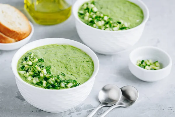 Cucumber Gazpacho. Green fresh cold summer soup on gray stone background — Stock Image Cucumber Gazpacho Green Fresh Cold Summer Soup Gray Stone Background Stock Image