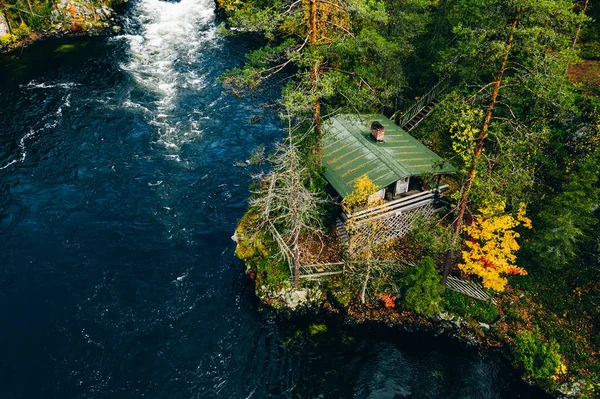 Aerial View Fast River Wooden Cabin Beautiful Orange Red Autumn — Stock Photo, Image