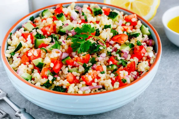 Couscous Tabbouleh Salad Fresh Tomatoes Cucumbers Red Onions Bowl Gray — Stock Photo, Image