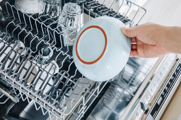 Dishwasher Machine Close Woman Hand Taking Out Clean Dish Washing — Stock Photo, Image