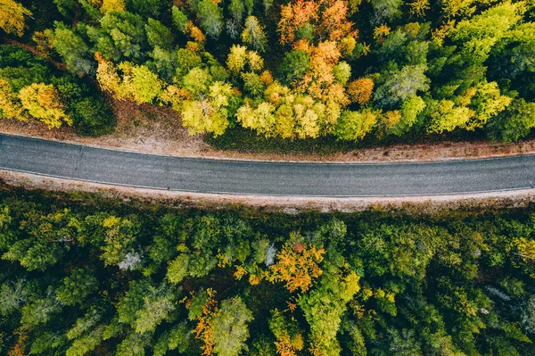 フィンランドの黄色とオレンジ色の秋の森の農村道路の空中ビュー — ストック写真