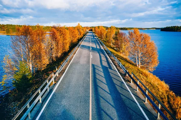 フィンランドの青い水の湖と秋の色の道路や森の空中ビュー — ストック写真