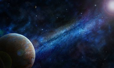 Uzayda bir gezegen, nebula ve yıldızların parıltısı