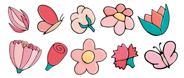 Vector set από doodle στοιχεία, χαριτωμένα λουλούδια σε ροζ απαλά χρώματα — Διανυσματικό Αρχείο