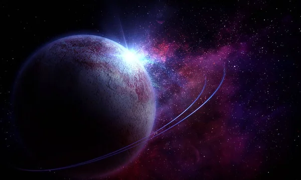 soyut uzay 3 boyutlu illüstrasyon, 3 boyutlu resim, 3 boyutlu görüntüleme, arkaplan resmi, bir nebula içinde uzayda parlak bir gezegen ve mor tonlarda parlayan yıldızlar.