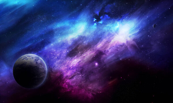 abstract space 3D illustration, 3d image, 3d rendering, background image, a bright planet in space in a nebula and the shining of stars in purple and blue tones