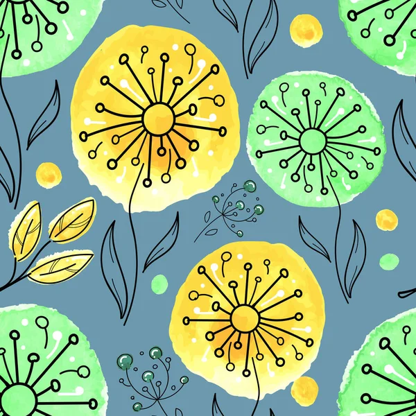 vector seamless pattern in scandinavian style, abstract yellow and green watercolor dandelions on a blue background, botanical ornament